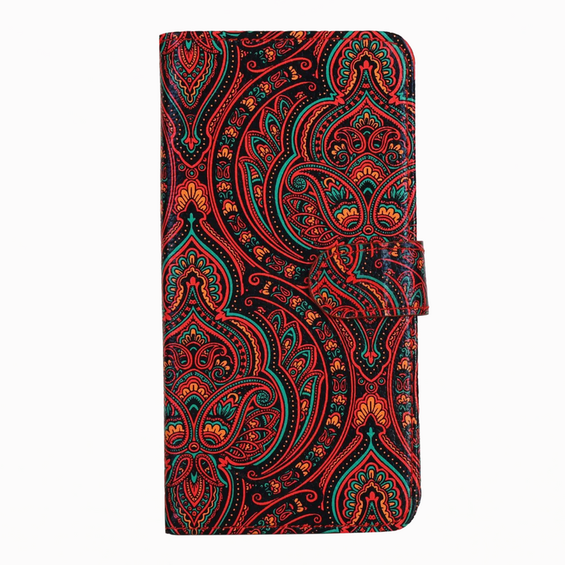 BECEONE Kalakari Paisley Flip Cover (Red) — crimson red Kalamkari-inspired paisley pattern on premium vegan leather flip cover, front view