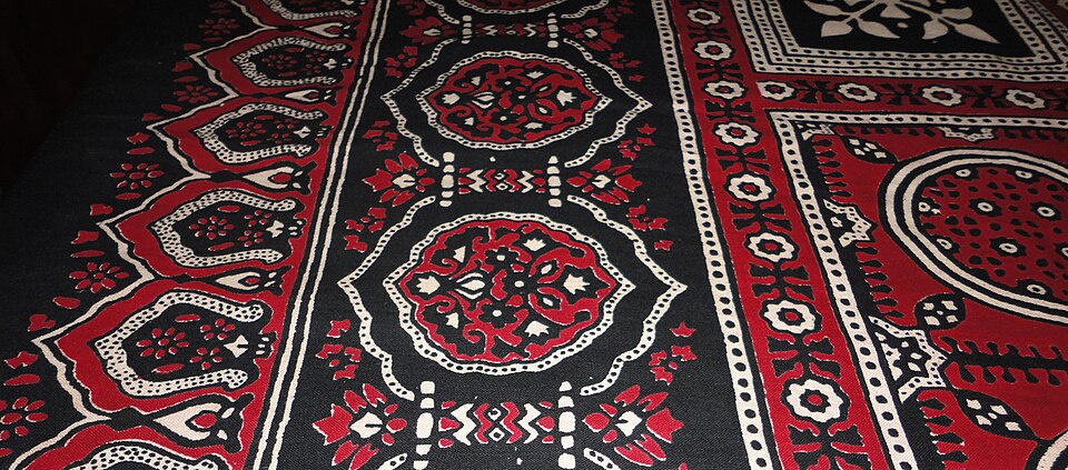Traditional Ajrakh block-printed textile from Kutch with geometric indigo patterns