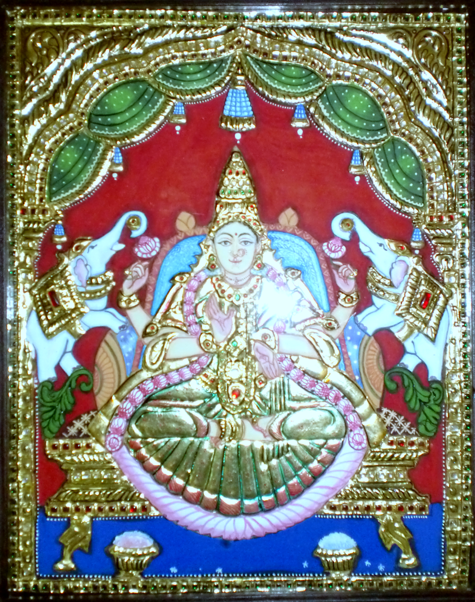 Gajalakshmi Tanjore painting with gold foil and gemstone embellishments from Thanjavur