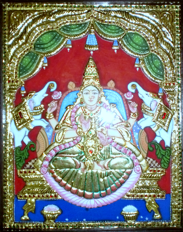 Gajalakshmi Tanjore painting with gold foil and gemstone embellishments from Thanjavur