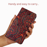 BECEONE Kalakari Paisley Flip Cover (Red) — crimson red Kalamkari-inspired paisley pattern on premium vegan leather flip cover, detail view 4